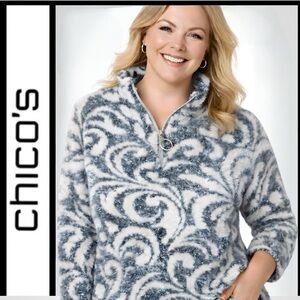 Chico’s Plush Fuzzy ¼-Zip Sweater Sweatshirt Gray White Abstract Size 3 (XL/16)